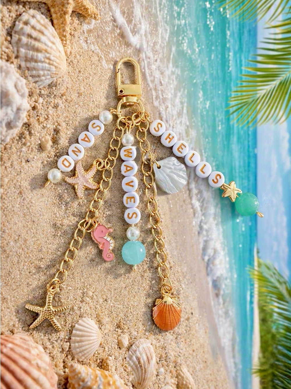 Gold Beach Charm Keychain with Aqua Beads and Shell Accents